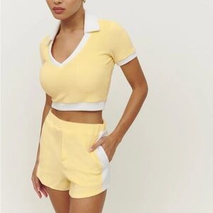 Reformation Walden 2 piece Yellow and White Polo Crop Top and Shorts Set